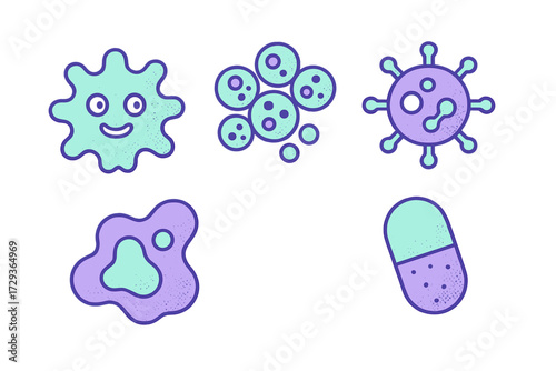 Stylized collection of various microorganisms, bacteria, virus, amoeba, and a medical capsule icon for health and science concepts