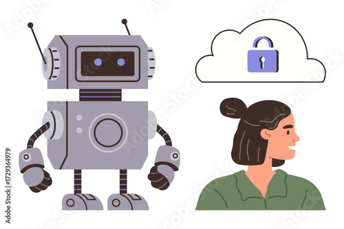 Robot beside a secure cloud with lock icon and womans profile in green shirt. Ideal for artificial intelligence, cybersecurity, cloud storage, data protection, innovation, human-technology