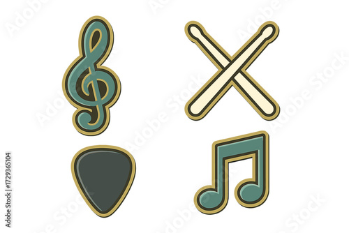Musical symbols and instrument accessories including treble clef drumsticks guitar pick and musical note