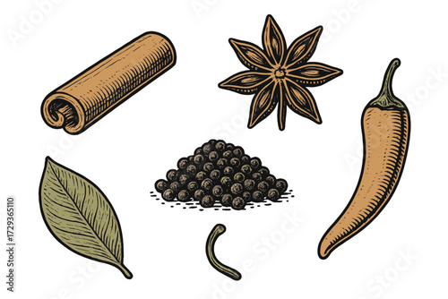 Assortment of aromatic cooking spices including cinnamon, star anise, peppercorns, bay leaf, and chili pepper