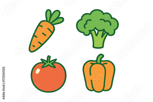 Bright and colorful assortment of fresh healthy organic vegetables including carrot broccoli tomato and bell pepper on a clean white background