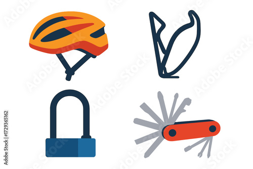 Essential bicycle accessories including a protective helmet, water bottle cage, security lock, and versatile multi-tool