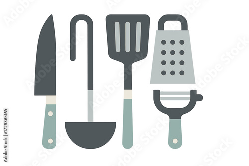 Collection of kitchen cooking tools and utensils: chef's knife, soup ladle, slotted spatula, cheese grater, and vegetable peeler