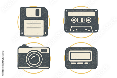 Retro technology icons set with floppy disk, audio cassette, vintage camera, and classic pager device