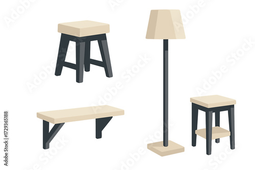 Contemporary minimalist furniture collection featuring various stools, a wall-mounted bench, and a tall floor lamp for modern home decor