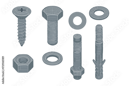 Assortment of metal fasteners including screws, bolts, nuts, washers, and anchors for construction and repair projects