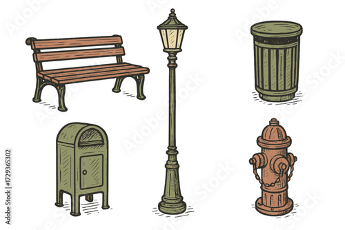 Assortment of traditional city street furniture and public utility items including bench lamp hydrant trash can mailbox
