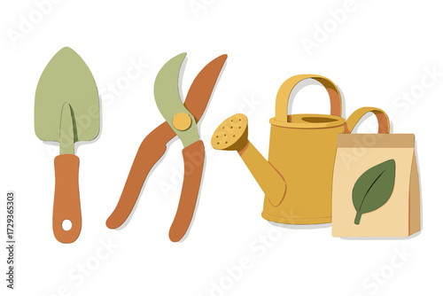 Gardening tools set featuring a trowel, pruning shears, watering can, and seed packet for spring planting and garden maintenance