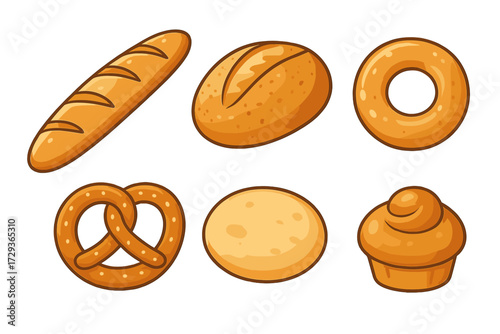 Assortment of freshly baked bread products and pastries including baguette, bun, bagel, pretzel, and muffin