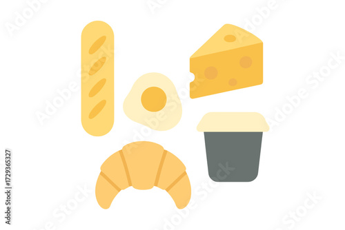Collection of breakfast and brunch food items including baguette, fried egg, cheese, croissant, and a beverage cup