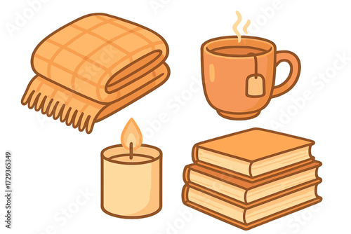 Warm autumn comfort elements with soft plaid blanket, steaming hot tea, glowing candle, and stack of classic books