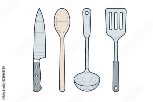 Assortment of kitchen tools and utensils including knife, spoon, ladle, and spatula for cooking and food preparation