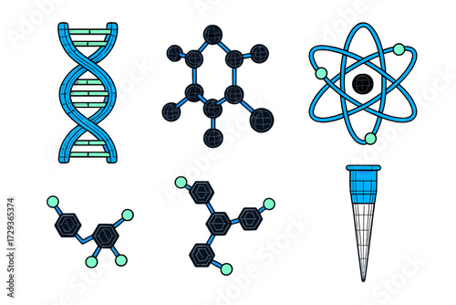 Scientific symbols collection with DNA, atomic structure, molecular bonds, and laboratory equipment for education and research