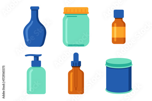 Collection of diverse empty containers including bottles, jars, and packaging for cosmetics, food, or medicine products