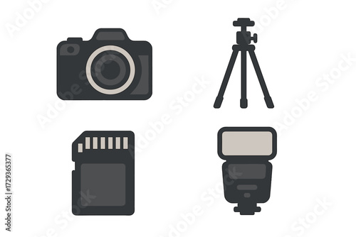 Essential photography equipment set including a digital camera, tripod, memory card, and external flash