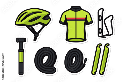 Collection of essential cycling equipment and accessories including helmet, jersey, pump, and repair tools