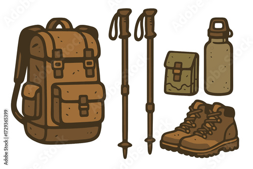 Hiking and camping equipment set for outdoor adventure including backpack, trekking poles, water bottle, and boots