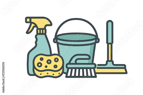 Essential household cleaning supplies including spray bottle, sponge, bucket, brush, and mop for domestic tasks