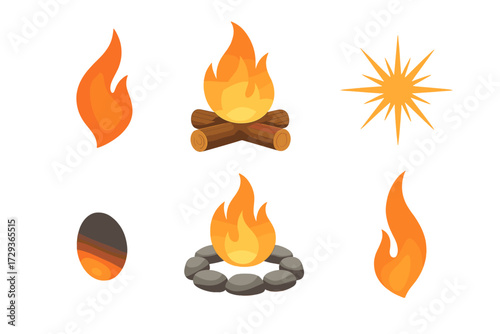 Set of stylized burning flames, campfires with logs and stone rings, and a bright starburst spark