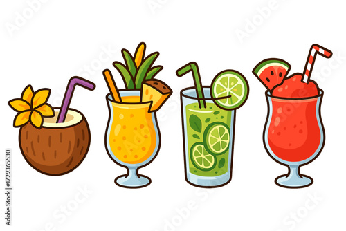 Variety of vibrant tropical summer cocktails and refreshing beverages with fruit garnishes and straws
