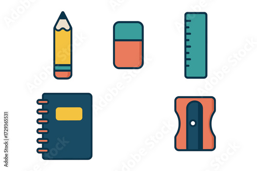 Essential school and office supplies set with pencil, eraser, ruler, notebook, and sharpener for education