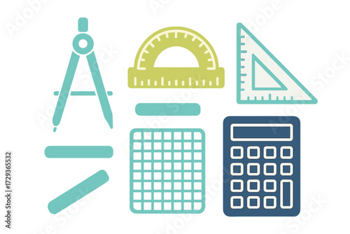 Essential geometry and mathematics tools set including a compass protractor ruler calculator and grid elements