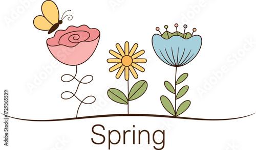 Whimsical spring flowers bloom with a gentle butterfly fluttering by.