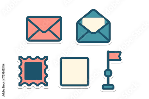 Set of colorful mail and communication icons: closed envelope, open envelope, postage stamp, and flag