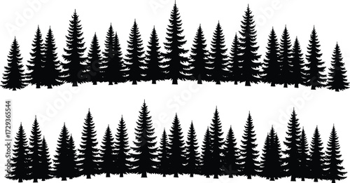 Coniferous tree silhouettes, pine forest design, black vector trees, nature icons, evergreen foliage, landscape elements, minimal art, editable graphics