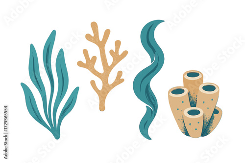 Stylized underwater plants, coral, and sea sponges marine life for ocean themes and aquatic environments