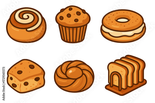 Variety of sweet and savory baked goods including cinnamon roll, chocolate chip muffin, bagel, scone, danish, and sliced bread