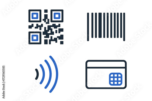 Essential digital payment and identification icons set featuring QR code, barcode, NFC, and credit card symbols