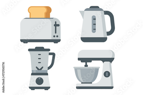 Collection of modern kitchen appliances including a toaster, electric kettle, stand mixer, and blender for home cooking
