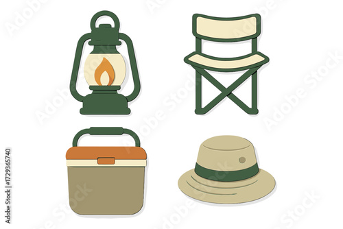 Outdoor adventure gear collection with camping lantern, folding chair, cooler, and safari hat for nature exploration