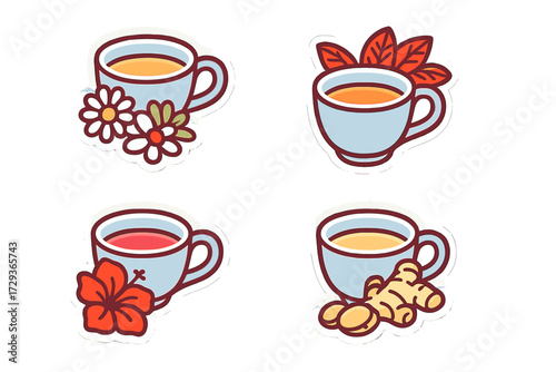 Assortment of herbal tea cups featuring chamomile flowers, aromatic leaves, hibiscus flower, and fresh ginger root infusions