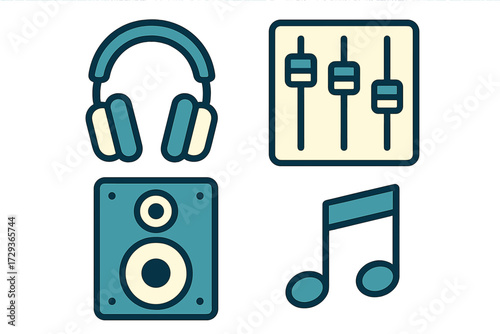 Modern audio sound equipment technology symbols featuring headphones equalizer speaker and musical note for digital media applications