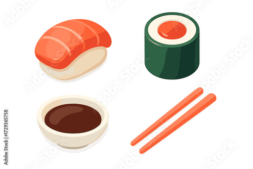 Traditional Japanese sushi meal elements including fresh nigiri, maki roll, savory soy sauce, and elegant chopsticks