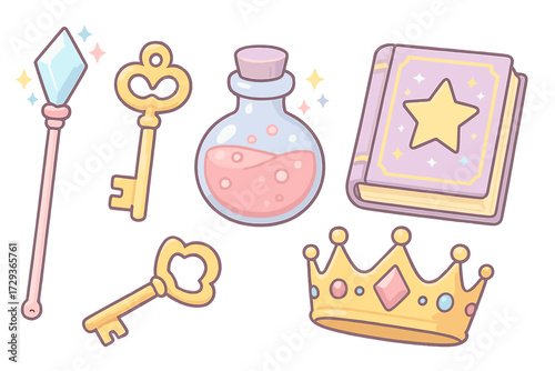 Whimsical fantasy items: sparkling magic wand, ornate keys, elixir bottle, spell book, royal crown