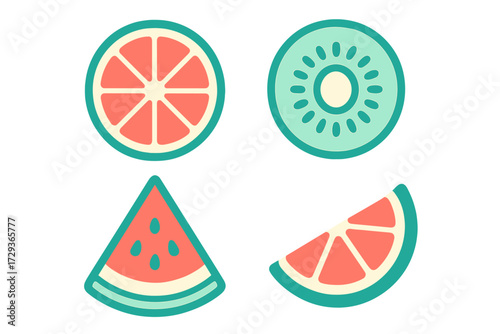 Bright and colorful assortment of fresh tropical and summer fruit slices including grapefruit, kiwi, and watermelon in a modern flat design for healthy eating and nutrition concepts