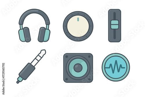 Audio equipment icons set with headphones, speaker, volume knob, fader, and sound wave