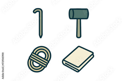 Essential outdoor camping gear collection featuring a tent peg, rubber mallet, coiled rope, and folded blanket