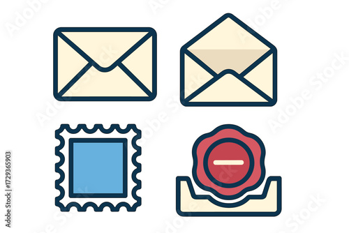 Collection of mail and correspondence icons featuring envelopes, postage stamp, and wax seal for communication designs