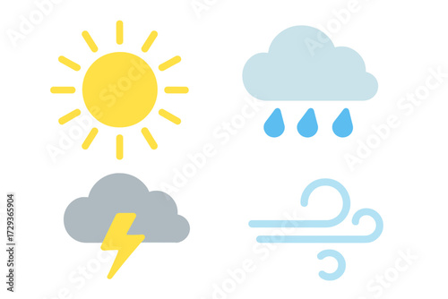 Comprehensive set of weather condition icons in a modern flat design style featuring sun, rain, storm, and wind