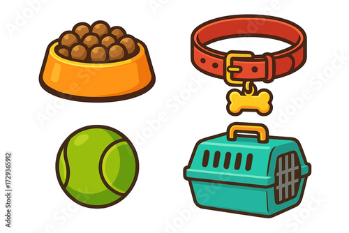 Essential pet care items including a food bowl, dog collar with bone tag, green tennis ball, and a travel carrier