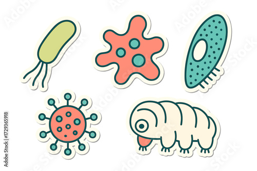 Collection of diverse microscopic organisms including bacteria, amoeba, virus, paramecium, and tardigrade