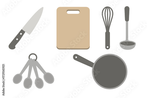 Essential kitchen tools and cooking utensils set including knife, cutting board, whisk, ladle, measuring spoons, and frying pan