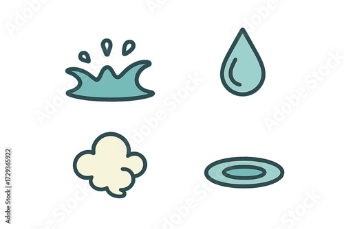 Stylized water splash, rain drop, cloud, and ripple icons representing natural elements and weather phenomena
