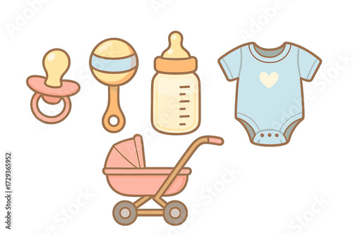 Assortment of essential baby care items including pacifier, rattle, feeding bottle, infant bodysuit, and pram for newborns