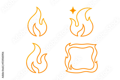 Collection of stylized outline fire flame icons with orange gradient fill representing heat, energy, and warning symbols
