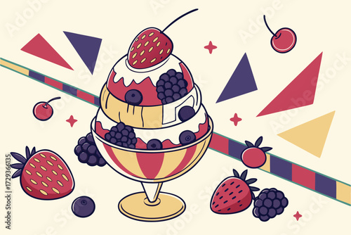  colorful, vibrant, layered ice cream dessert, various berries and fruits, leaves, geometric shapes, surreal, whimsical, striking composition, dramatic lighting, high contrast, clean background